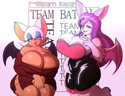 2girls accessory alternate_costume anthro areola areola_slip ass big_breasts big_butt bodysuit breasts chiropteran clothed clothing clothing_swap curvy_figure duo elbow_gloves eyelashes eyeshadow female gesture gloves hair hair_accessory hairpin handwear helmed_(character) huge_breasts josieokami latex long_eyelashes long_hair looking_at_viewer makeup mammal multiple_girls neogeokami nipples pouty purple_hair rouge_the_bat seductive seductive_eyes skimpy skinsuit smile sonic_(series) sweater thick_thighs tight_clothing topwear v_sign video_games voluptuous wide_hips wings