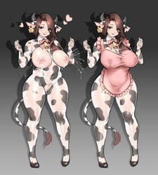 1girls apron areolae black_eyes breast_cutout breasts breasts_out brown_hair cow_costume cow_ears cow_girl cow_horns cow_print cow_tail cowbell ear_tag female female_only heart highres human lactating lactation lactation_without_expressing long_hair looking_at_viewer milk milk_squirt neck_ribbon neckband nipples pose pussy pussy_cutout red_lips shoes simple_background solo solo_female tail tail_tuft thick_thighs two_tone_background wide_hips yin-ting_tian