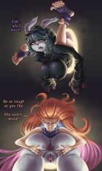 anus ass big_breasts big_butt blush bodily_fluids breasts butt_grab celestial_being curvy_figure duo english_text female female/female genitals hair hand_on_butt hi_res huge_butt humanoid humanoid_pointy_ears league_of_legends long_hair narrowed_eyes nipple_outline oiddra orange_hair pointy_ears portal presenting presenting_anus presenting_hindquarters presenting_pussy profanity pussy riot_games saliva saliva_on_tongue saliva_string spread_butt spreading tencent text thick_thighs vex_(lol) voluptuous voluptuous_female yordle zoe_(lol)