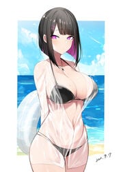 1girls beach bikini breasts female female_only floatie midriff necklace purple_eyes red_potato_rinrin see-through_clothing two_tone_hair yuuki_mama