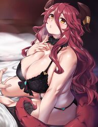 1boy 1girls big_breasts cygames dragalia_lost dragon_girl dragon_horns dragon_tail female moisture_(chichi) mym nintendo panties red_hair underwear_only