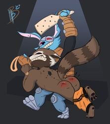 2boys anthro anthro_on_anthro armor ass bibbidy blackjack_o'hare clothed clothing domination duo gay guardians_of_the_galaxy hare headgear helmet hi_res lagomorph leporid male male/male male_domination male_only mammal marvel paddle pants_down partially_clothed procyonid raccoon restrained rocket_raccoon spanking spanking_marks submissive submissive_male yaoi