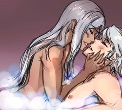 1boy 1girls aversa_(fire_emblem) bath bathing closed_eyes dark-skinned_female dark_skin facial_mark female fire_emblem fire_emblem_awakening foam hands_on_face imminent_kiss kidshiro long_hair male naked nintendo nipples robin_(fire_emblem) robin_(fire_emblem)_(male) short_hair simple_background sketchy straight tagme tattoo white_hair