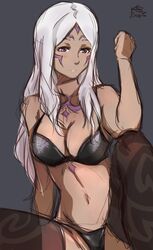 1girls aversa_(fire_emblem) big_breasts black_bra black_lingerie black_panties bra cleavage dark-skinned_female dark_skin facial_mark female fire_emblem fire_emblem_awakening grey_hair kidshiro leggings lingerie long_hair navel nintendo panties serious signature sketchy solo solo_female tattoo thighhighs thong white_hair