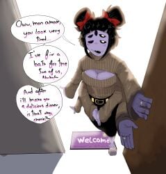 1girls 5_eyes 6_arms arachnid belt black_pants black_sclera boob_window closed_eyes dialogue door fangs female_only french_text inviting muffet open_mouth purple_skin rings slippers sole_female spider_girl sweater tagme talking_to_viewer undertale undertale_(series) welcoming white_eyes zackocafeina