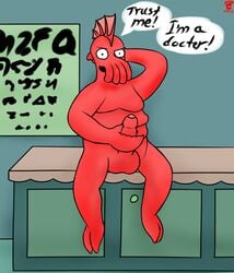 2015 alien alien_text anthro arthropod black_eyes cabinet cabinets chart claw_hands clawed_toes claws comedy_central completely_nude crustacean decapoda decapodian_(futurama) doctor doctor's_office doctor_zoidberg dotted_eyes english_text erection eye_chart fin foreskin futurama genitals gipbandit hairless hand_behind_head head_fin hi_res holding_penis humanoid_genitalia humanoid_penis looking_at_viewer malacostracan male male_only marine masturbation noseless nude overweight overweight_anthro overweight_male penile penile_masturbation penis red_body red_skin sitting sitting_on_bench solo solo_male text uncut unretracted_foreskin white_sclerea zoidberg