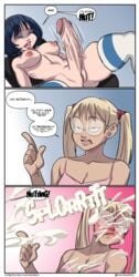 2020 3koma angry big_penis black_hair blonde_hair blue_background blue_highlights blush breasts chair chickpea colored comic correcting cum_announcement cum_on_breasts cum_on_face cumming cumshot dialogue ejaculation english_text futa_sans_balls futanari glasses hairless_penis hairless_pussy jenny_(chickpea) katie_(chickpea) masturbation moaning nipples original original_character original_characters pink_background pussy simple_background sound_effects speech_bubble stroking_penis text thighhighs twintails uncensored white_skin