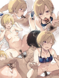 1boy bar_censor bikini black_hair blonde_hair blue_bikini blush breasts censored cum cum_in_pussy cum_inside earrings ejaculation fellatio female heigani holding_hands idolmaster idolmaster_shiny_colors jewelry medium_breasts multiple_views necklace nipples oerba_yun_fang one_eye_closed open_mouth oral penis piercing pubic_hair pussy saijou_juri sex short_hair simple_background straight sweat swimsuit vaginal_penetration white_background