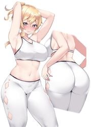 1girls armpits ass big_ass big_breasts big_butt blonde_hair blue_eyes blush breasts clothed clothed_female embarrassed female female_focus female_only fully_clothed genshin_impact huge_ass jean_gunnhildr kuavera large_breasts leggings looking_at_viewer medium_hair midriff navel ponytail sideboob simple_background skin_tight skintight solo solo_female sports_bra sweat thick thick_thighs tight_clothing tight_fit tight_pants tights white_background wide_hips yoga_pants young