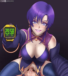 1boy 1girls big_breasts breasts cleavage competition cowgirl_position cum cum_in_pussy cum_inside evil_grin evil_smile faceless_male femdom fire_emblem fire_emblem:_the_blazing_blade gloves grin large_breasts lips male_pov nintendo pablocomics parted_lips pink_lipstick pov purple_hair pussy sex smile stopwatch straight thighhighs ursula_(fire_emblem) vaginal_penetration