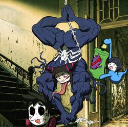 1boy 2girls androgynous ass extreme_muscles guitartist03 hanging_upside_down juri_han long_tongue marvel muscular_butt muscular_female scared straight_hair street_fighter street_fighter_iv symbiote tongue tongue_out twintails upside-down venom_(marvel) web