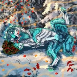 1:1 anus balls blue_balls blue_body blue_eyes blue_fur blue_hair blue_pawpads blue_penis candy_cane_in_mouth canid canine cheek_tuft chest_tuft christmas christmas_tree erection facial_tuft feral fur genitals hair hi_res holidays knot looking_at_viewer lying male mammal msdeadsoul multicolored_hair neck_tuft on_side outside pawpads penis plant presenting presenting_anus presenting_penis short_hair shrub snow solo tree tuft two_tone_hair white_body white_fur white_hair white_penis