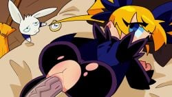 1boy 1girls 2d 2d_animation all_fours anal anal_grip anal_juice anal_sex animated ass bed bedroom blonde_hair blue_dress blue_eyes chocolatepete0 dark-skinned_male dress female gunbird male marion no_sound penis pom-pom ripped_clothing sex smug smug_face tagme vanilla-pete veiny_penis video