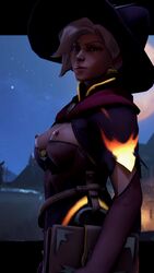 1girls 3d artemis-sfm blizzard_entertainment blonde_hair breasts erect_nipples exposed_breasts exposed_nipples looking_at_viewer mercy nipples overwatch solo witch_hat witch_mercy