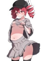 1girls 2d 2d_(artwork) belly blush blush breasts embarrassed embarrassed_female exposed_belly exposed_torso female female_only hair_ornament hairbow hat kasane_teto kasane_teto_(sv) navel no_bra petite petite_female red_eyes red_hair saikyouisgod shirt shirt_lift simple_background skindentation skirt skirt_lift slightly_chubby slightly_chubby_female small_breasts solo solo_female sweat sweating synthesizer_v thick_thighs thighhighs thighs twin_drills underboob upskirt utau white_background wind_lift
