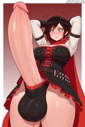 1futa 1girls ai_generated arms_up balls erection_under_clothes female futa_only futanari gigantic_penis huge_balls intersex nervous penis ruby_rose rwby solo_female solo_futa sotawa