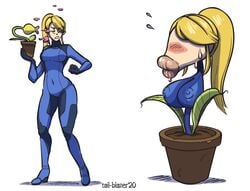 1girls 2020 :>= bellsprout black_eyes blonde_hair blush breasts drooling female female_only fuckplant long_hair metroid nintendo nipple_bulge plant_transformation pokémon_(species) pokemon round_mouth saliva samus_aran skin_tight smooth_skin solo succ_plant suckplant tail-blazer transformation white_background zero_suit