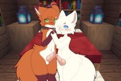 2boys anthro ass bed bedroom blue_eyes blush canine canine_penis cute dragonling fluffy fluffy_tail fox fox_(minecraft) fur furry genitals green_eyes looking_at_viewer male_only mammal minecraft open_mouth pawpads paws precum red_fox tail tongue white_fur