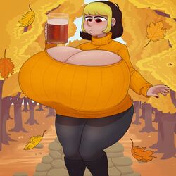 big_ass big_breasts cleavage cleavage_cutout drinking earrings huge_breasts hyper hyper_breasts nail_polish sweater thick_thighs tight_clothing two_tone_hair vendant zoey_(vendant)