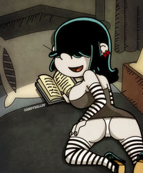 age_difference bed bedroom black_hair book breasts colored_nails ear_piercing eyes_covered goth high_heels looking_at_viewer lucy_loud pale_skin panties pantyshot sandybelldf smile stockings straight_hair the_loud_house young