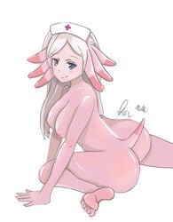 1girls 2020 artist_request artist_signature ass breasts chansey dated female nurse oiled pink_hair pink_skin pokémon pokemon solo tail