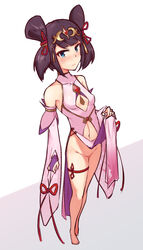 1girls ame_no_habanero black_hair blue_eyes blush bottomless china_dress chinese_clothes cygames double_bun dragalia_lost exposed_pussy fit fit_female hair_ornament light_skin lin_you long_hair looking_at_viewer nintendo no_panties shaved_pussy small_breasts smile