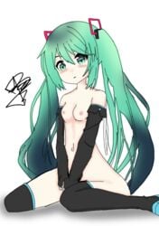 1girls aqua_eyes aqua_hair artist_request blue_eyes blue_hair blush breasts cute egirl female fringe hatsune_miku kneeling long_sleeves long_twintails looking_at_viewer navel nude pale-skinned_female petite redraw sitting skinny slim teenager twintails vocaloid vocaloid_4 young