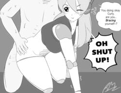 android annoyed cave_story curly_brace from_behind from_behind_position funny_sex greyscale gynoid monochrome pun riley_moore_(artist) sweat ticked