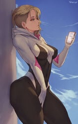 1girls absurd_res ass asymmetrical_hair big_ass bodysuit breasts cleavage cutesexyrobutts_(style) female female_masturbation female_only ghost-spider gwen_stacy gwen_stacy_(spider-verse) hi_res marvel marvel_comics masturbating masturbation masturbation_through_clothing phone shexyo spider-gwen spider-man:_into_the_spider-verse spider-man_(series) teenager thick_thighs tomboy wide_hips