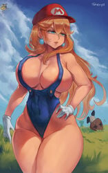 1girls absurd_res areola_slip areolae bangs bare_shoulders blonde_hair blue_eyes blue_sky breasts cloud curvaceous cutesexyrobutts_(style) earrings female gloves goomba grass hair_between_eyes hand_on_hip hat hi_res high_resolution jewelry large_breasts long_hair looking_to_the_side mario_(series) nintendo overalls parted_lips peaked_cap plumber princess_peach red_headwear shexyo sidelocks sky solo standing super_mario_bros. thick_thighs thighs very_high_resolution white_gloves wide_hips