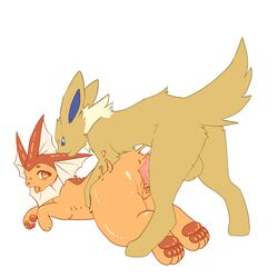 1boy 1girls anthro ass bite blush canine cute doggy_style dragonling female jolteon male mammal nintendo open_mouth pawpads paws pokémon_(species) pokemon pussy pussy_juice tail tongue tongue_out vaporeon