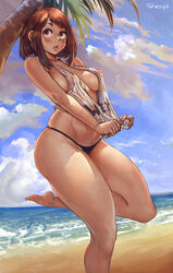 1girls absurd_res barefoot beach bikini black_panties black_underwear blue_sky blush blush_stickers breasts brown_hair cloud cutesexyrobutts_(style) feet female hi_res high_resolution looking_ahead looking_up medium_hair midriff my_hero_academia navel nipples ochako_uraraka outdoors palm_tree pantsu parted_lips sand see-through shexyo shirt sky solo swimsuit tank_top thighs tree underwear very_high_resolution wet wet_clothes wet_shirt white_shirt white_tank_top