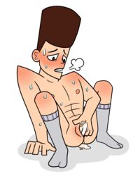 abs blush brown_hair clone_high cuntboy fingering fingering_pussy intersex jfk_(clone_high) legs_apart male_focus male_only sitting socks sweating