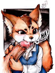 2020 aggressive_retsuko anthro big_penis blouse blue_formalin bodily_fluids brown_body brown_fur canid canine clothed clothed_sex clothing cum cum_in_mouth cum_inside disembodied_penis duo erection fangs fellatio female female_focus fennec fenneko foreskin fox fur genital_fluids genitals glans glans_biting humanoid_genitalia humanoid_penis inner_ear_fluff male mammal office_lady oral penile penis penis_biting penis_grab retracted_foreskin sanrio sex shirt smooth_fur solo_focus straight text topwear tuft uncut white_clothing white_shirt white_topwear