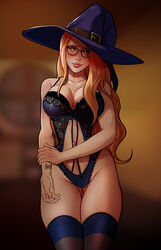 1girls big_breasts blonde blonde_hair blue_lingerie blue_stockings breasts bustier cherry-gig cleavage female female_only glasses hat large_breasts lingerie looking_at_viewer solo stockings teddy_(clothing) thighhighs very_long_hair witch_hat