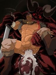 2boys abs ass_visible_through_thighs balls_deep bara berserk bite bite_mark biting_shoulder blood cum cum_everywhere cum_in_ass double_cumshot dungeon exposed_nipples flaccid gaping_anus gay gay_domination guts_(berserk) horns human humanoid_penis interspecies legs_held_open male male_only male_penetrating monster monster_cock muscular nosferatu_zodd pain painful pecs penis_size_difference spread_legs sword tongue_out torn_pants warncraving zodd_(berserk)