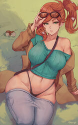 1girls absurd_res alternate_breast_size armpit armpit_crease artist_name big_breasts coat curvy cutesexyrobutts_(style) eyewear_on_head female female_only g-string glasses glasses_on_head green_eyes heart hi_res hourglass_figure human human_only jeans large_breasts navel nintendo nipple_bulge orange_hair pale-skinned_female pale_skin pants pants_down pokeball pokemon pokemon_ss ponytail red_head shexyo side_ponytail solo sonia_(pokemon) sunglasses_on_head sweater thick_thighs thong tight_jeans tight_pants wide_hips