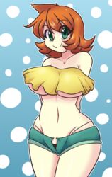 1girls big_breasts blue_art10 female green_eyes kasumi_(pokemon) large_breasts medium_hair nintendo orange_hair pokemon pokemon_rgby shorts thick_thighs thighs thong unzipped_shorts