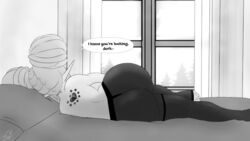 cyana_(p.m._seymour) elf greyscale hair_buns large_ass laying_down laying_on_bed leggings monochrome riley_moore_(artist) shortstack text_bubble thick_thighs topless