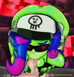 1boy 1boy1girl 1girls :>= abstract_background acht_(splatoon) ass_up dedf1sh fellatio female green_skin hat headphones hornygami light-skinned_male male male/female mizuta_ahato_(splatoon) nintendo octoling red_eyes sanitized_(splatoon) sex splatoon splatoon_(series) splatoon_2 sunglasses tentacle_hair tinted_eyewear