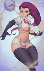 1girls 1other absurd_res big_breasts blue_eyes covered_nipples crop_top cutesexyrobutts_(style) female female_only hi_res human jessie_(pokemon) koffing long_hair mature_female midriff nintendo nipples nipples_visible_through_clothing pokeball pokemon pose red_hair shexyo skirt solo solo_female solo_focus thighhighs underboob