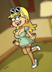 age_difference blonde_hair bracelet cleavage collar colored_nails earrings eyebrows_visible_through_hair eyeshadow glasses high_heels leni_loud sandybelldf stockings straight_hair the_loud_house thighhighs