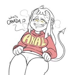 1girls ? ahe_gao ahegao anal_shirt baggy_clothes baggy_clothing breath cameltoe curvaceous curvy demon demon_girl demon_horns demon_tail dialogue drawn drool drooling fangs female female_focus female_only heart-shaped_pupils heat heavy_breathing hoodie horns horny humanoid jacket line_art looking_at_viewer looking_down meme meru_(merunyaa) original panties partially_clothed partially_visible_vulva pulling slobbyslapper solo sssir sssir8 straight_hair succubus talking_to_viewer teeth thick thick_thighs underboob underwear undressing white_background