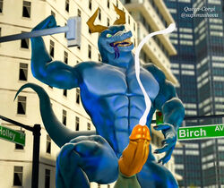 3d abs anthro athletic athletic_male big_penis blue_body bodily_fluids city cityscape cum cumshot dragon ejaculation excessive_cum fangs genital_fluids genitals growth horn huge_cock humanoid hyper hyper_genitalia hyper_penis lizard looking_up macro male male_focus muscular pecs penis pose queen-corgi raised_tail reptile scales scalie size_difference size_transformation solo solo_focus solo_male source_filmmaker tall tongue tongue_out transformation