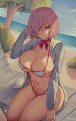 1girls :d absurdres bare_arms bare_shoulders beach beach_chair bikini blush breasts cleavage collarbone cutesexyrobutts_(style) day fate/grand_order fate_(series) female female_only hair_over_one_eye hand_in_hair highres hoodie huge_breasts human lavender_hair looking_at_viewer mash_kyrielight navel ocean one_arm_up outdoors parted_lips pink_hair purple_eyes sand shexyo shiny shiny_hair shirt short_hair side-sitting skindentation sky solo stomach swimsuit swimsuit_of_perpetual_summer thick_thighs tied_hair voluptuous water white_bikini white_swimsuit