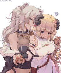 2girls absurd_res animal_ear_fluff animal_ears artist_name biting blonde_hair blush cat_ears cleavage cutesexyrobutts dress erect_nipples fangs female female_only fur_trim grey_eyes grey_hair hi_res high_resolution holoforce hololive hololive_gen_5 hololive_japan horns kemonomimi lion_ears lion_girl midriff multiple_girls nipples panties shishiro_botan simple_background surprised tsunomaki_watame underwear very_high_resolution virtual_youtuber white_background youtube youtuber yuri