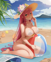 1girls azur_lane bare_shoulders beach beach_ball bikini breasts cleavage female green_eyes hat huge_breasts large_breasts long_hair looking_over_eyewear looking_over_glasses orange-tinted_eyewear pink_hair sitting sunglasses surcouf_(azur_lane) surcouf_(loisirs_balneaires)_(azur_lane) swimsuit thick_thighs thighs tinted_eyewear very_long_hair wei_xiao