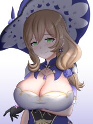 1girls big_breasts blush brown_hair clothing eye_contact female genshin_impact green_eyes hat high_resolution huge_breasts kiteman442 large_breasts lisa_(genshin_impact) looking_at_viewer witch_hat