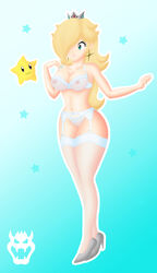 1girls :3 blonde_hair blue_eyes bra breasts crown earrings female hair_over_one_eye heels highres hips human lingerie lipstick long_hair looking_at_another luma magnus-bowser mario_(series) mostly_nude nail_polish nintendo nipples nipples_visible_through_clothing panties princess_rosalina pussy see-through see-through_bikini see-through_bra see-through_panties smile stockings straight_hair super_mario_galaxy thick thick_thighs thighhighs thighs uncensored underwear watermark wide_hips