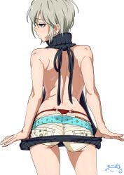 1girls aged_up anastasia_(idolmaster) ass back back_view backboob backless_outfit blue_eyes clothes_pull cowboy_shot earrings eyelashes from_behind g-string idolmaster idolmaster_cinderella_girls jewelry looking_to_the_side panties red_panties revision short_hair short_shorts signature silver_hair simple_background solo solo_female solo_focus standing suna sweater_dress thong underwear virgin_killer_sweater whale_tail white_background